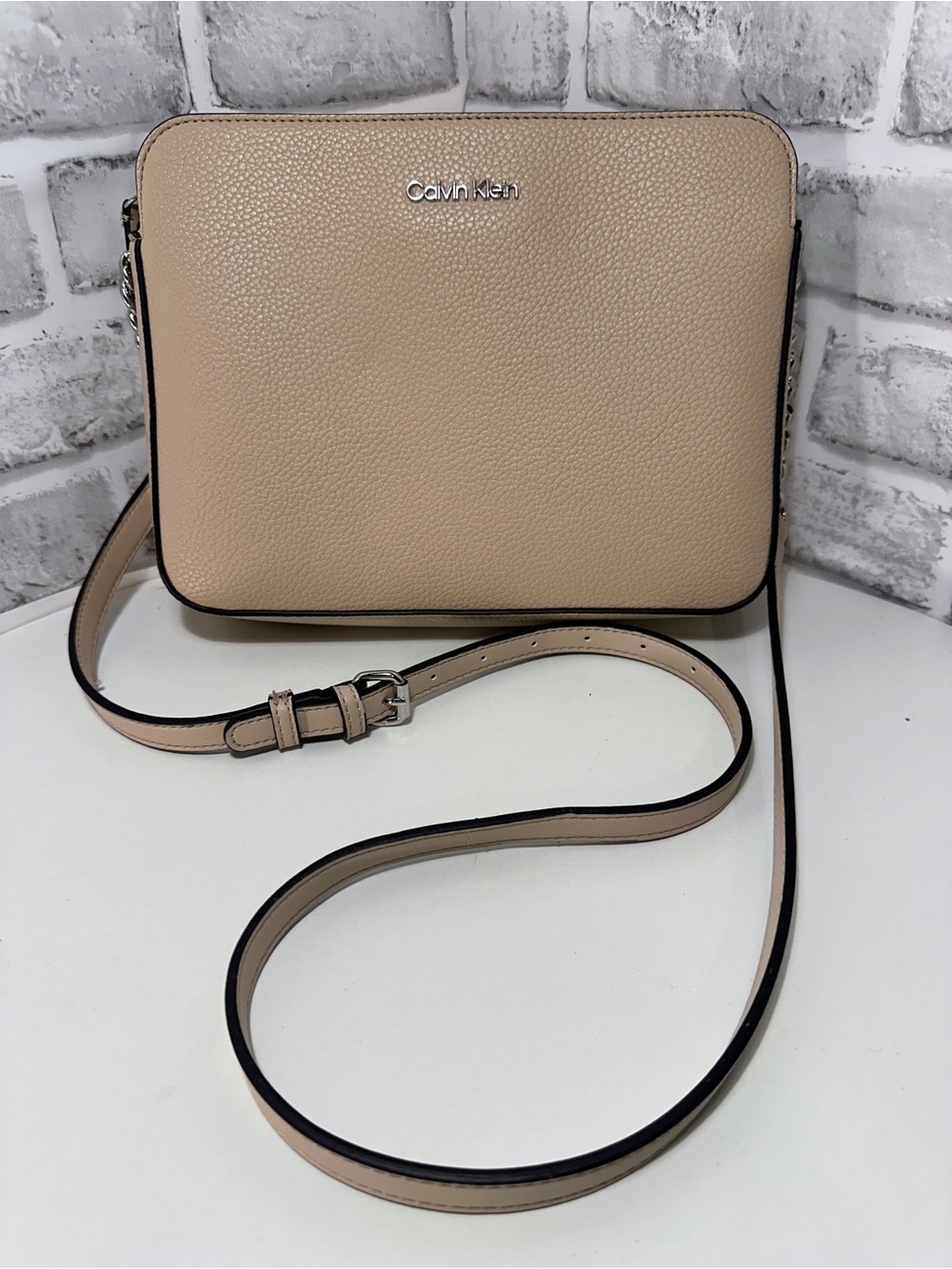 Calvin Klein Triple Compartment Crossbody Bag Beige Faux Leather New